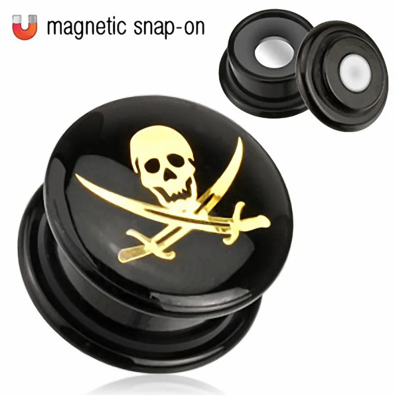 Piercing Plug Acrylique Noir Magnétique Crâne Pirate