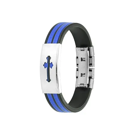 Bracelet caoutchouc et acier inoxydable - Croix médiévale