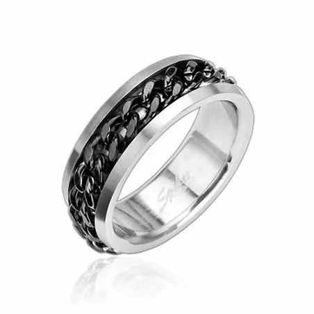 Bague avec Chaîne Noire incrustée en acier inoxydable