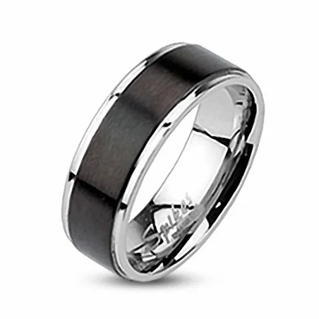 Bague acier inoxydable Centre Noir Brossé 