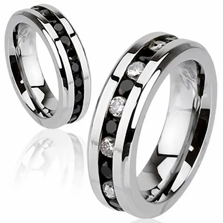 Bague Eternité homme femme en Acier Inoxydable Gemmes Clairs et Noirs