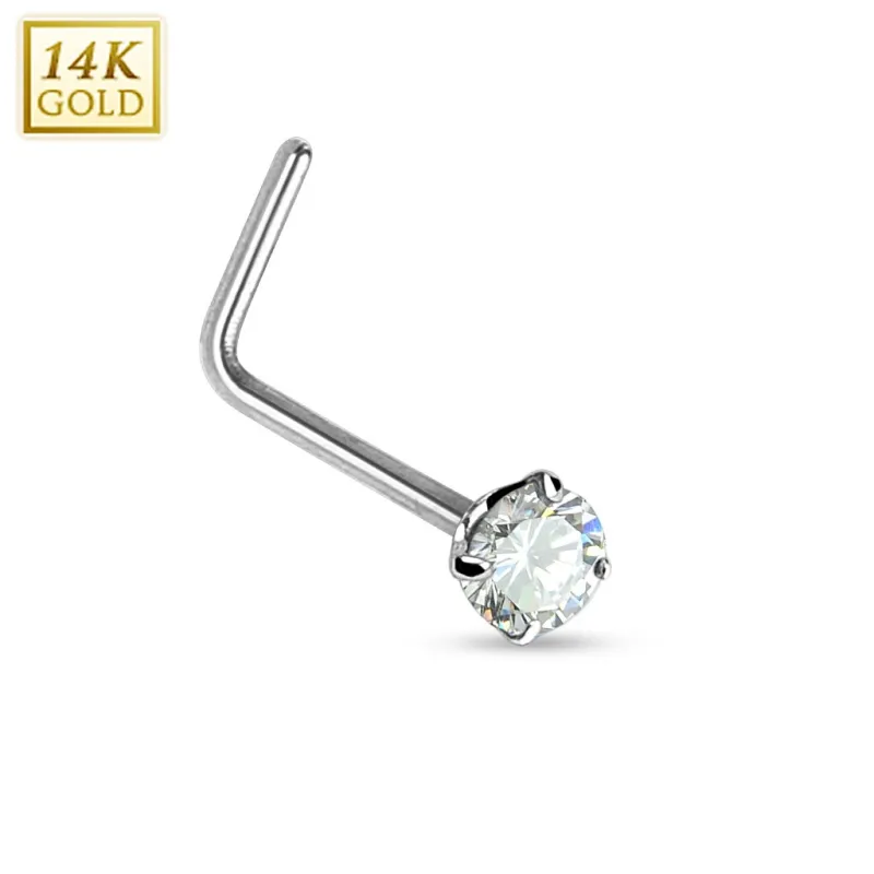 Piercing nez Or blanc 14 carats strass tige en L