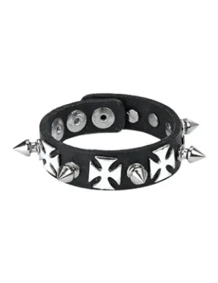 Bracelet en Cuir noir avec Spikes et Croix 