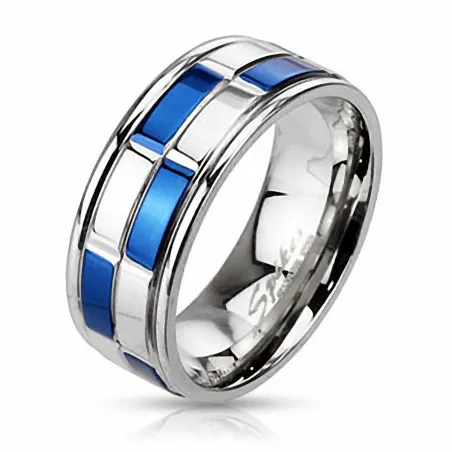 Bague en acier inoxydable Damier Bleu et Argenté