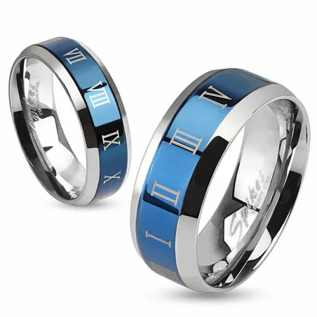 Bague acier inoxydable Chiffre Romain Bleu