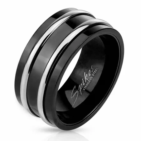 Bague homme acier noir lignes argentées