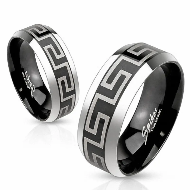 Bague acier noir labyrinthe