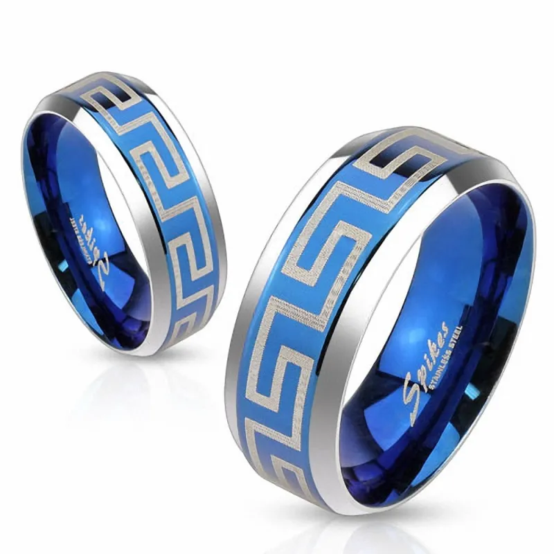 Bague acier bleu labyrinthe