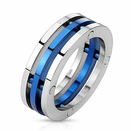 Bague acier inoxydable trois anneaux bleu