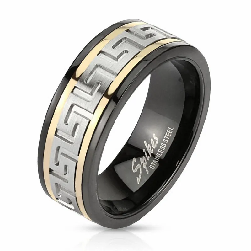 Bague homme acier noir labyrinthe