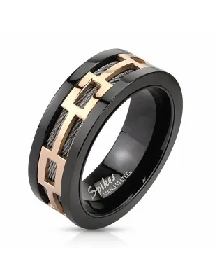 Bague homme acier noir rectangles cables