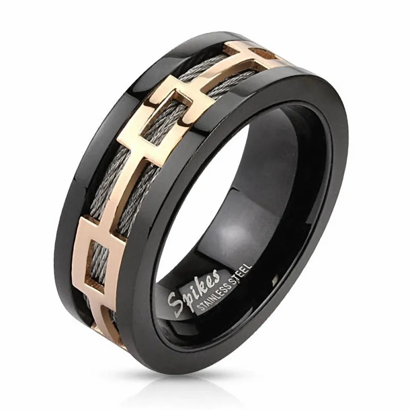 Bague homme acier noir rectangles cables