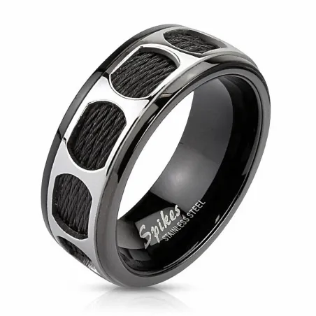 Bague homme acier noir cercles cables