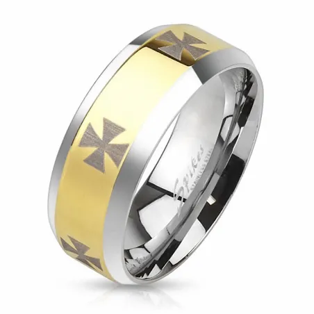 Bague homme acier doré croix de fer