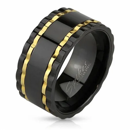 Bague homme tournante noir et dorée vagues