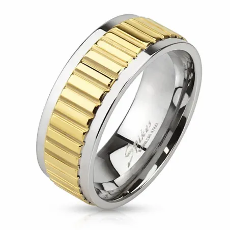 Bague homme acier rainures doré