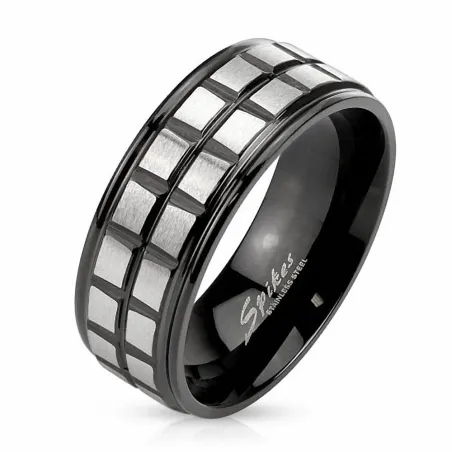 Bague homme acier noir carrés argentés