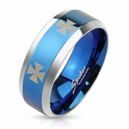 Bague homme acier bleu croix de fer