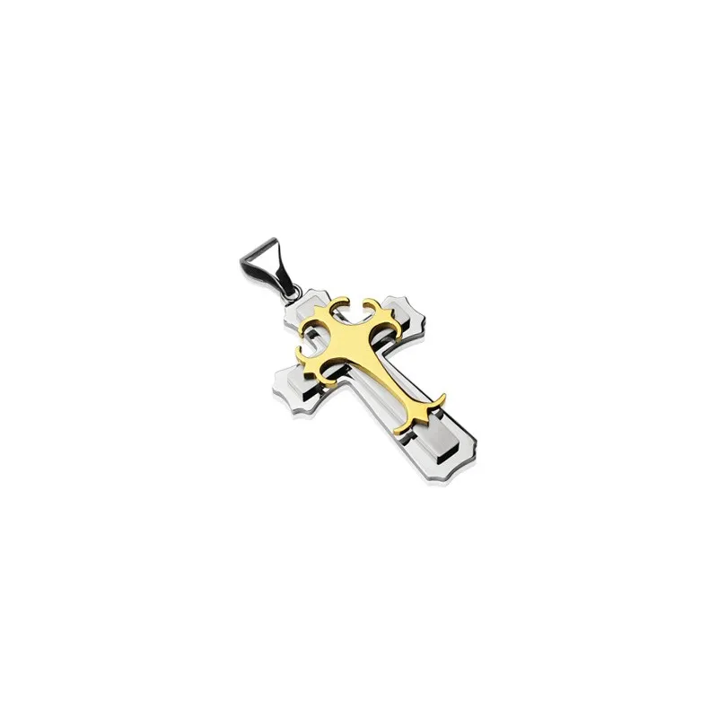 Pendentif double croix gothique acier inoxydable Plaqué Or