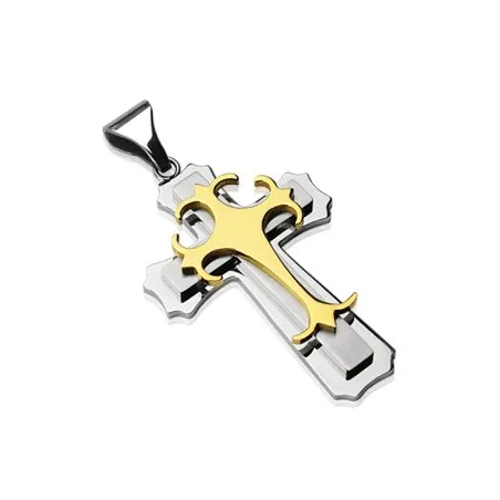 Pendentif double croix gothique acier inoxydable Plaqué Or