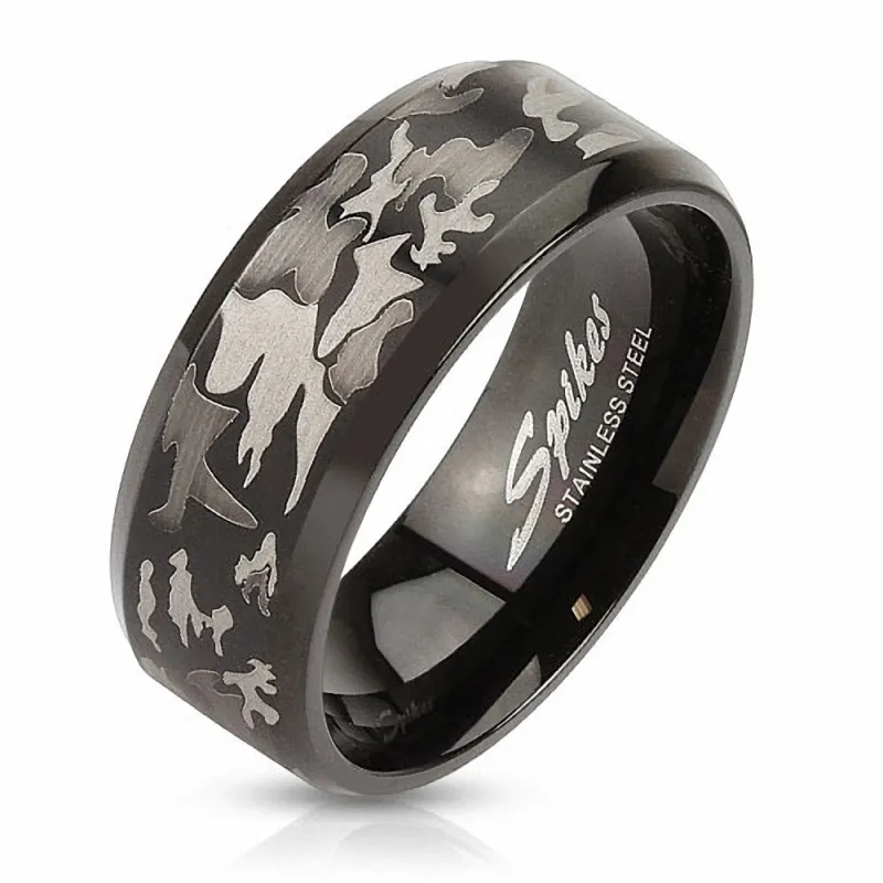 Bague homme acier noir camouflage