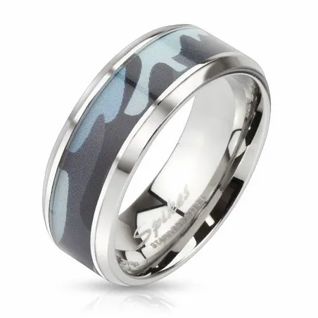 Bague homme acier camouflage bleu