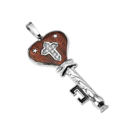 Pendentif Clef Bois foncé Etoiles