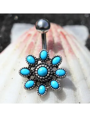 Piercing nombril fleur turquoise