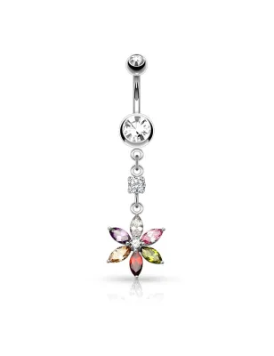 Piercing nombril pendentif fleur 6 pierres pétales