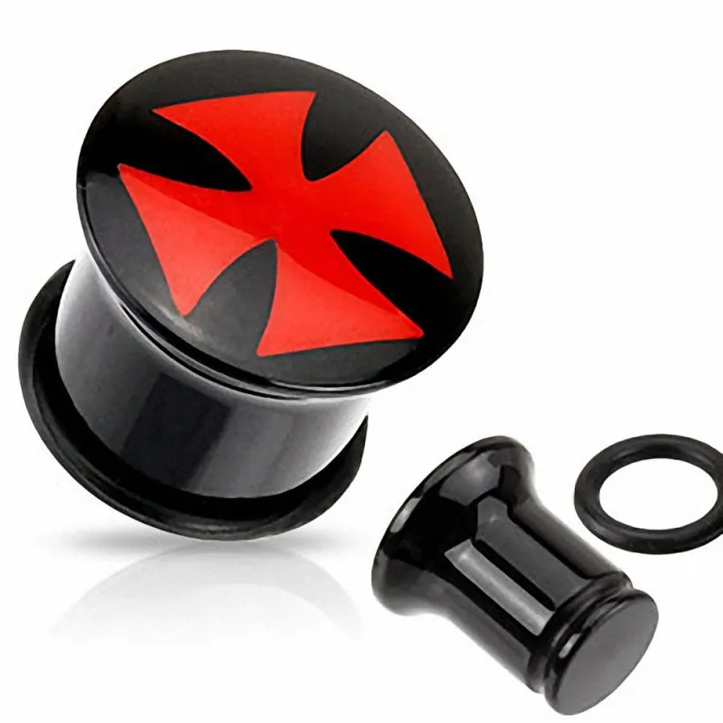 Piercing plug acrylique croix de fer rouge