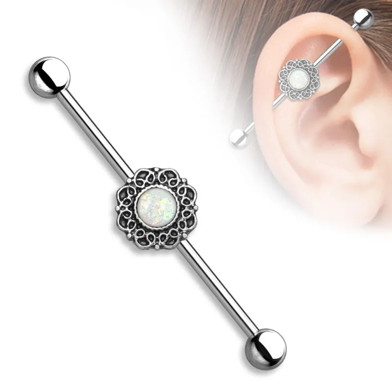 Piercing industriel oreille filigrane opale