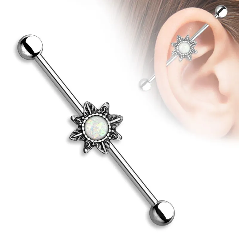 Piercing industriel oreille soleil tribal opale