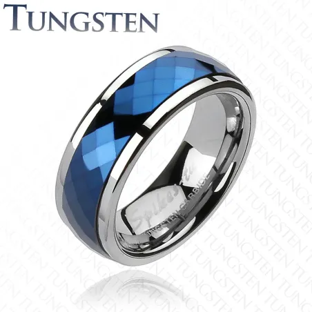 Bague en Tungstène Multi-facettes Prisme Bleu - Bague homme et femme en tungstene