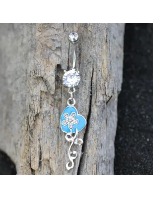 Piercing nombril coeur bleu et fleur