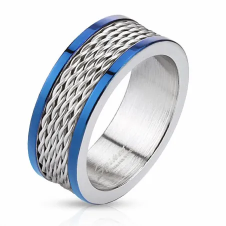 Bague homme acier cables bleu