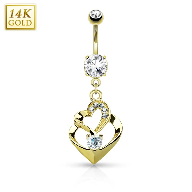 Piercing nombril Or jaune 14 carats double coeur