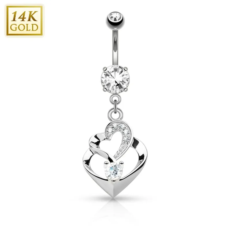 Piercing nombril Or blanc 14 carats double coeur