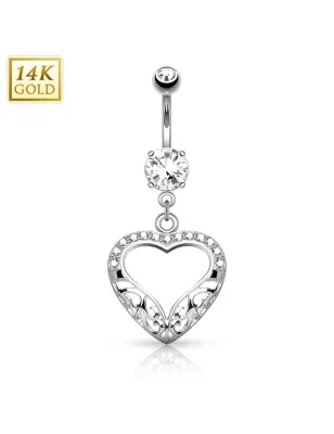 Piercing nombril Or blanc 14 carats coeur filigrane