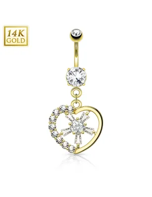 Piercing nombril Or jaune 14 carats coeur rayons