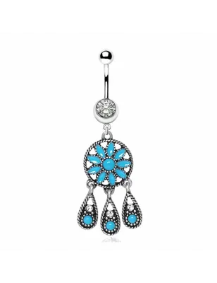 Piercing nombril fleur et larmes turquoise