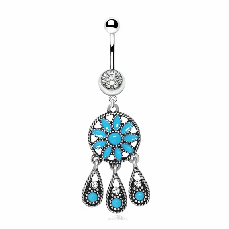 Piercing nombril fleur et larmes turquoise