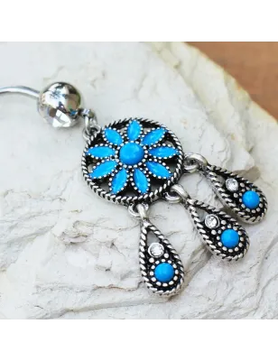 Piercing nombril fleur et larmes turquoise