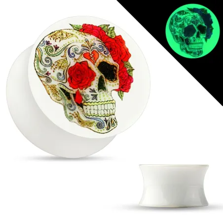 Piercing plug oreille phosphorescent sugar skull roses