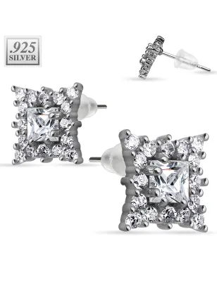 Paire boucles d'oreille argent rectangulaire pavé