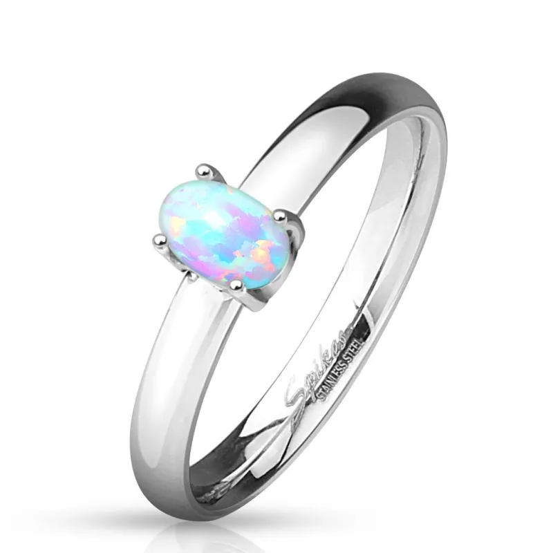 Bague femme acier opale ovale