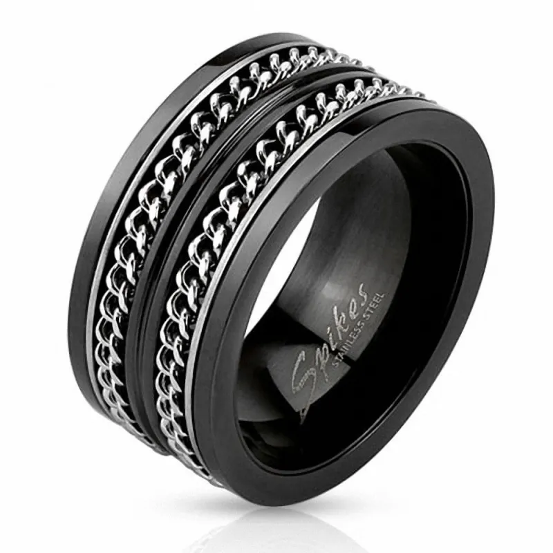 Bague homme en acier noir chaines