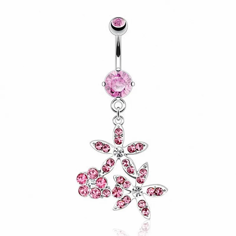 Piercing nombril fleur strass roses