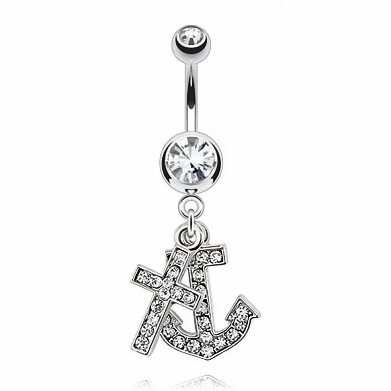 Piercing nombril croix et ancre marine blanc