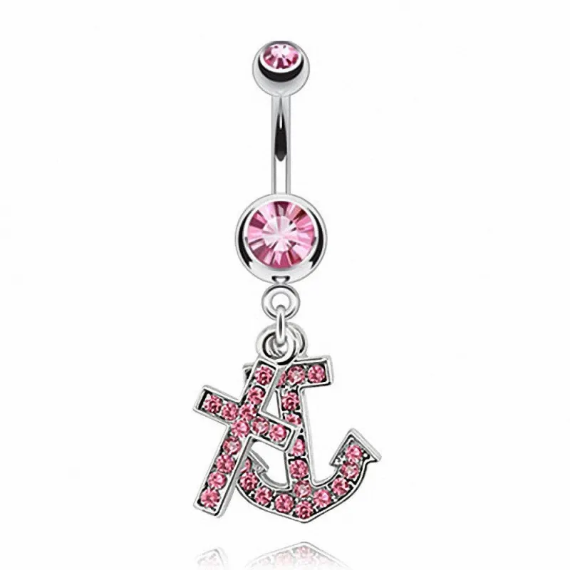 Piercing nombril croix et ancre marine rose