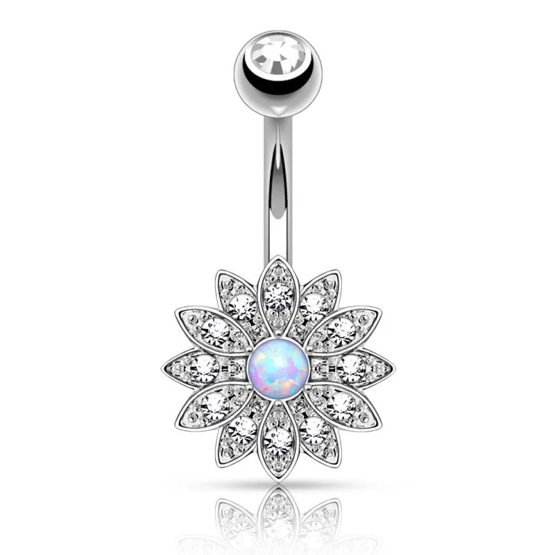 Piercing nombril petite fleur opale argenté